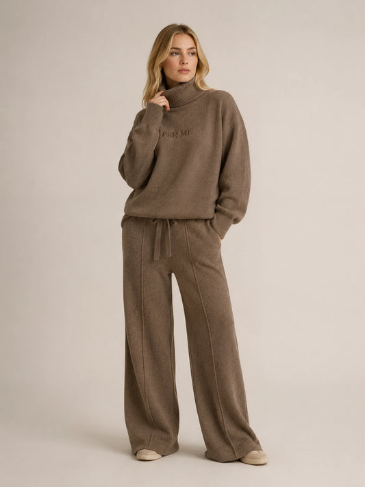 LIV SET Taupe Brown - wełniany set - golf x spodnie