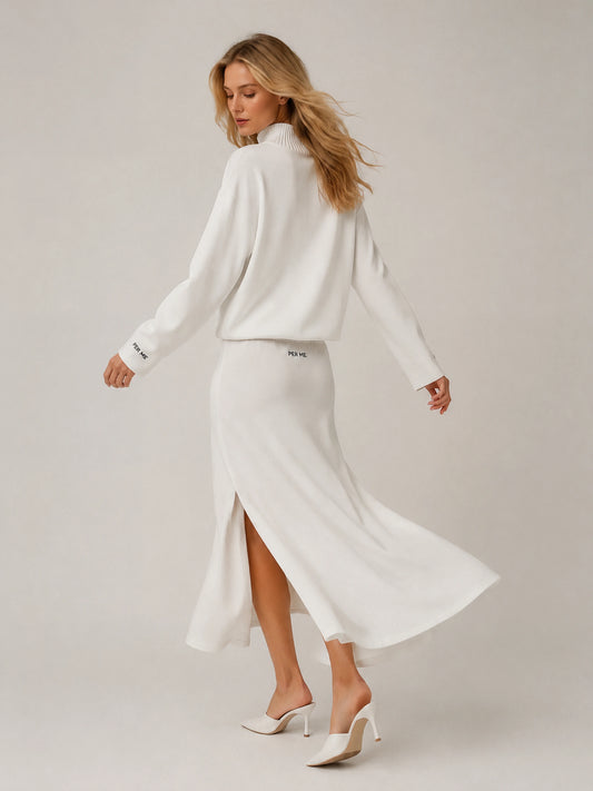 LUSSO SET Ivory - zestaw dzianinowy golf x spódnica biały/ecru