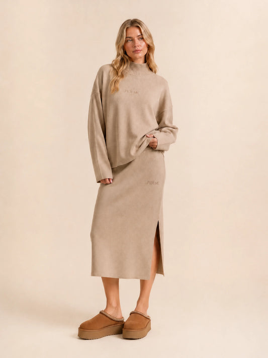 LUSSO SET Taupe - zestaw dzianinowy golf x spódnica beżowy