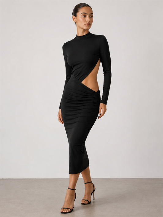 MONA DRESS - czarna sukienka z wycięciem maxi